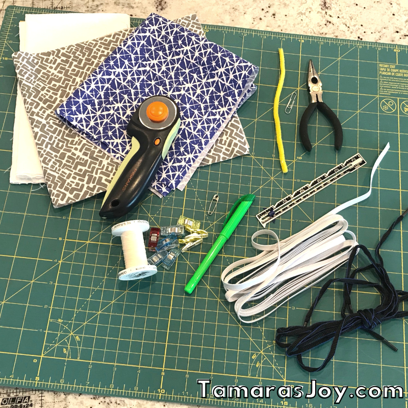 Items needed to sew a face mask with filter pocket