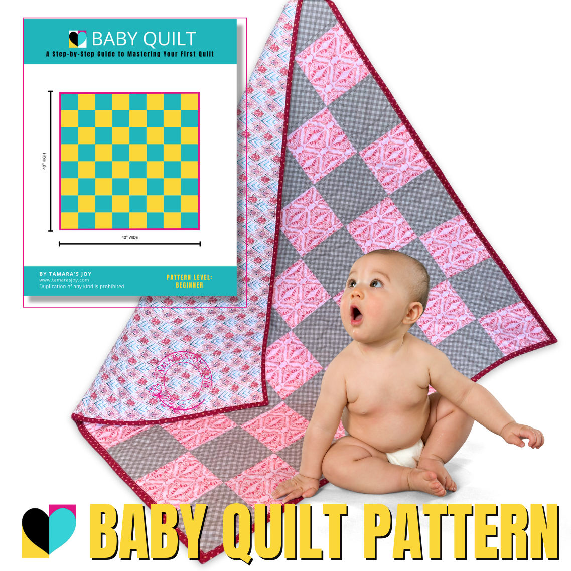 A baby quilt with a checkered pattern in pink, blue, and yellow, displayed next to a baby sitting on the floor.
