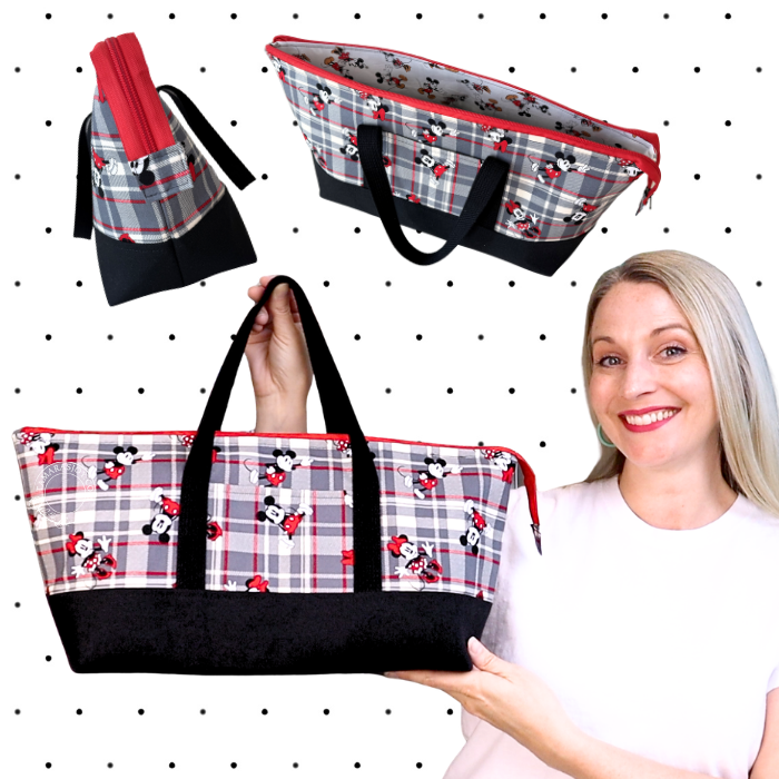 A woman holds a large tote bag with a gray plaid and Mickey Mouse pattern, black handles, and a black bottom panel. Two smaller inset views at the top show the bag from different angles against a white background with black dots.