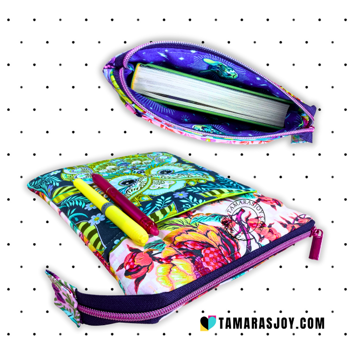Colorful book case with floral design and zipper on a white background