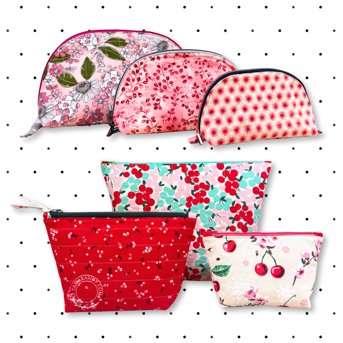 Set of floral and cherry-patterned pouches on a white background with black dots