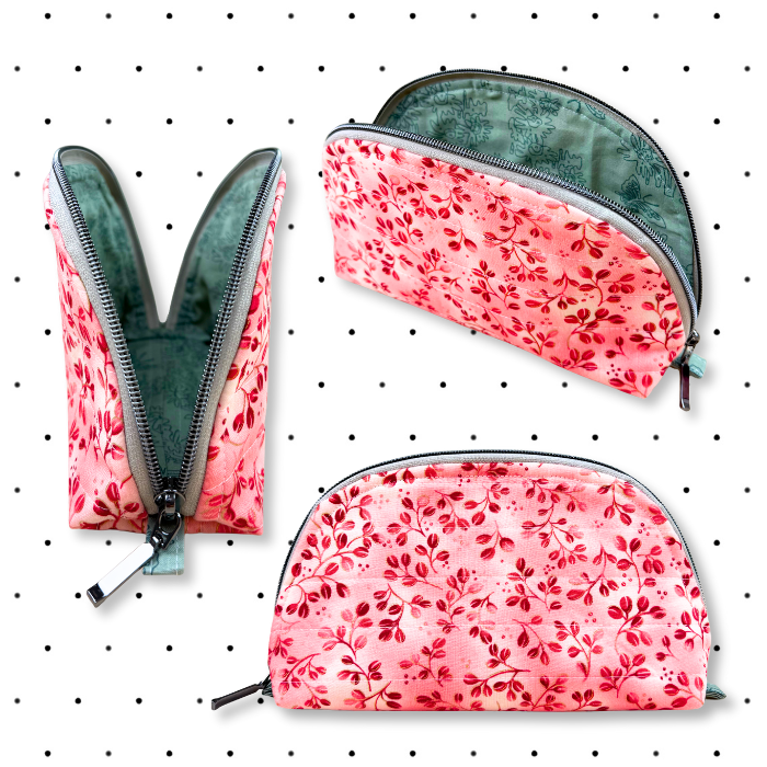Set of pink floral pouches with zippers on a polka dot background